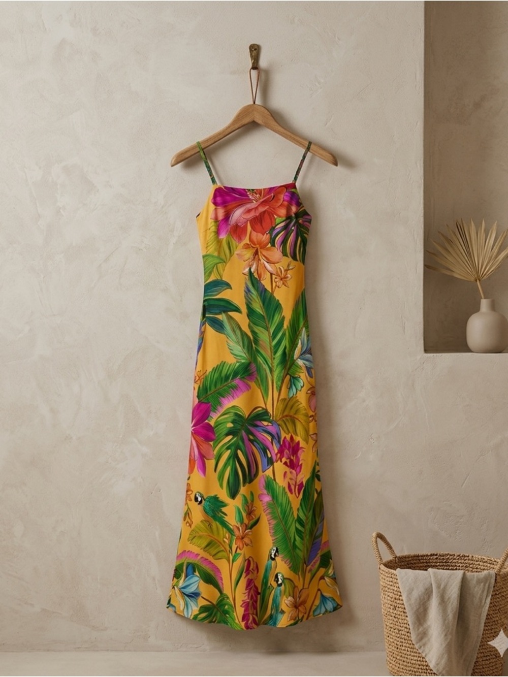 FARM Rio Birds Singing Yellow Tropical Floral Slip Maxi Dress Women’s XS NWT